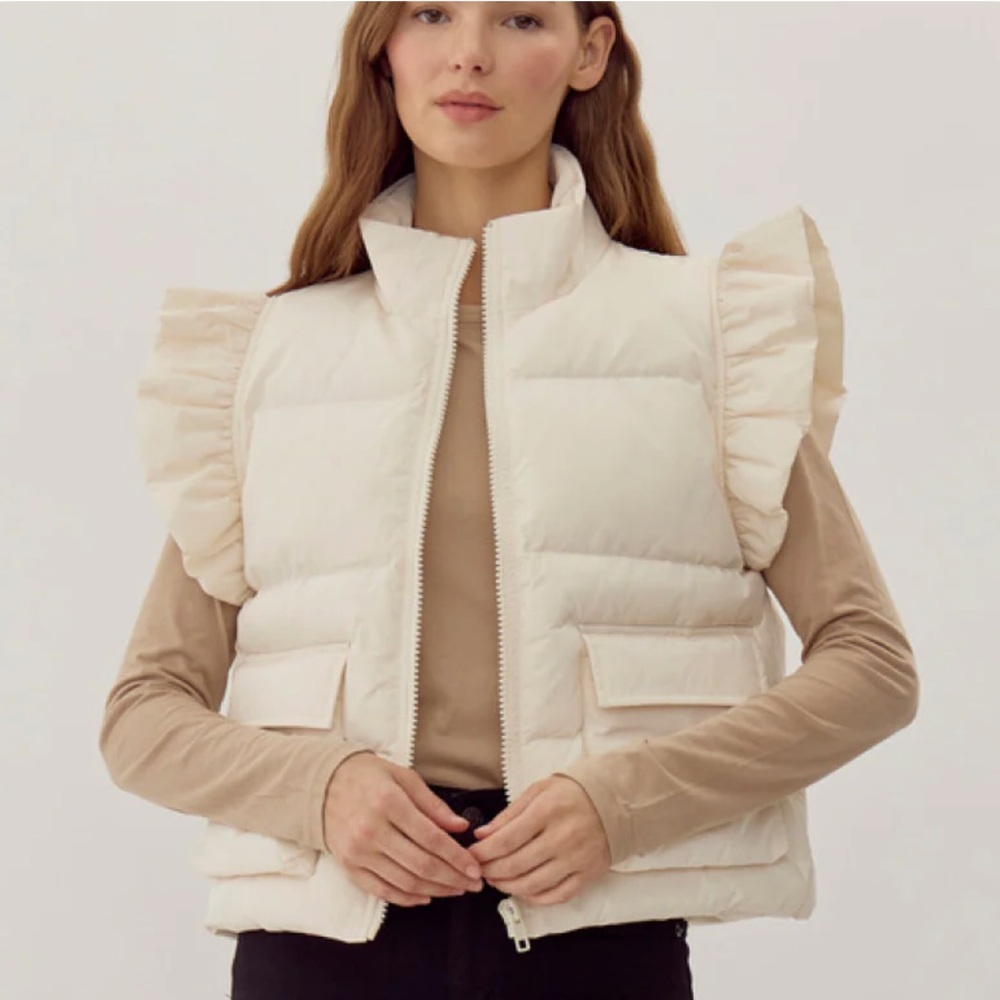 Jodifl Ruffle Sleeve Full Zip Puffer Vest Cream Pockets Size Large